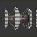 Detailed Wooden Sailing Ship Model With Striped Sails And Decorative Flags