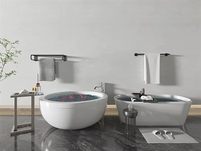 Modern Bathroom Interior With White Freestanding Bathtubs Rose Petals Towel Racks And Side Table 3d model