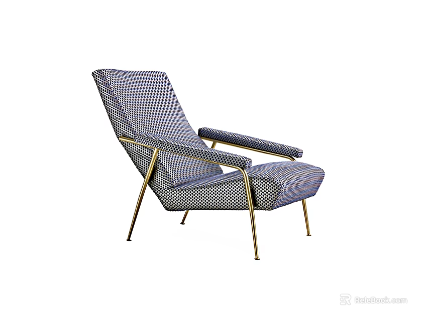 Modern Blue and White Checkered Lounge Chair with Gold Metal Frame and Stylish Design 3d model 