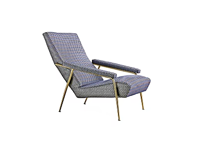 Modern Blue and White Checkered Lounge Chair with Gold Metal Frame and Stylish Design 3d model