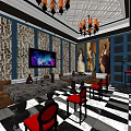 KTV Interior Design Blue Walls Decorative Wallpaper Chandeliers Sofas Red Chairs TV Screens Checkered Floor