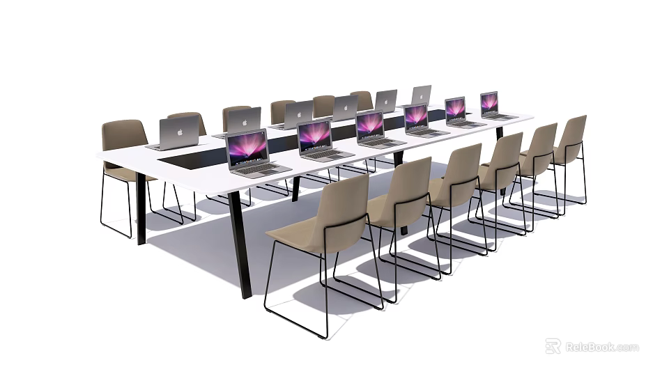 Long Conference Table With Laptops And Chairs In Office Meeting Setting 3d model 