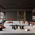 Modern Living Room Interior Design With Beige Sofa Orange Cushions Coffee Tables And Textured Wall