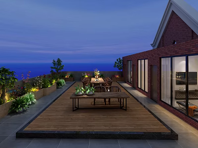 Serene Evening Roof Garden With Wooden Deck Dining Table Plants And Ocean View 3d model