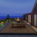 Serene Evening Roof Garden With Wooden Deck Dining Table Plants And Ocean View