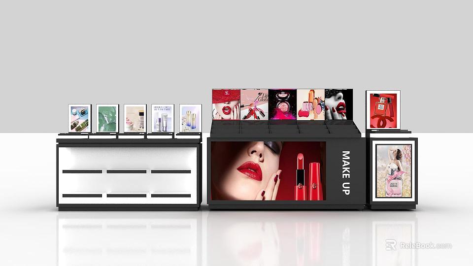 Makeup Store Interior With Display Shelves Lipsticks And Beauty Posters 3d model 
