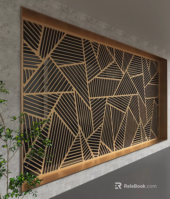 Modern Geometric Background Wall With Golden Frame And Black Striped Pattern 3d model 