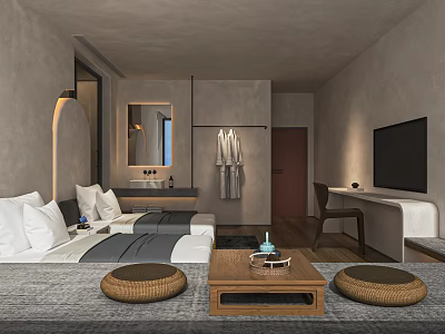 Contemporary Hotel Room Interior With Bed Sofa Coffee Table And Wall Lamps 3d model