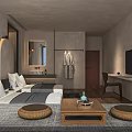 Contemporary Hotel Room Interior With Bed Sofa Coffee Table And Wall Lamps