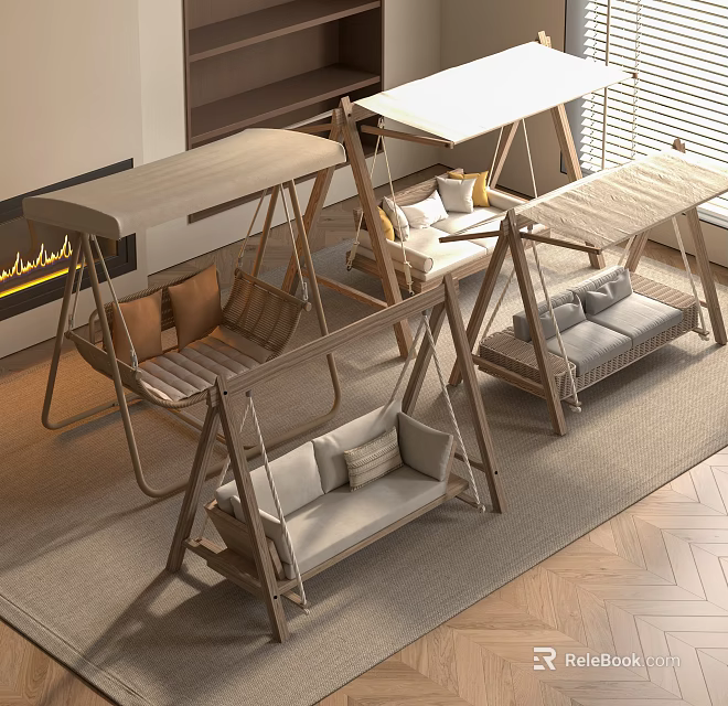 Stylish Indoor Swing Chairs With Wooden Frames And Cushioned Seats 3d model 