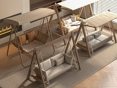 Stylish Indoor Swing Chairs With Wooden Frames And Cushioned Seats 3d model