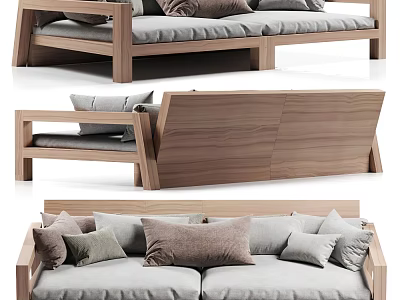 Modern Minimalist Two Seater Sofa with Wooden Frame Gray Cushions and Decorative Pillows 3d model