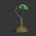 Green Table Lamp With Ornate Brass Base And Curved Glass Shade
