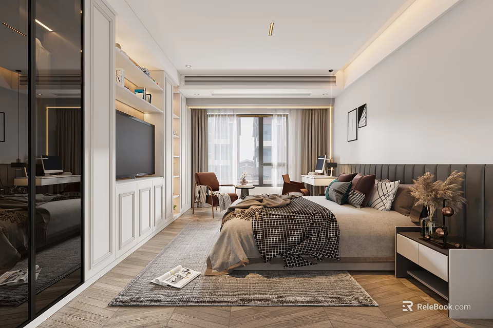 Modern Bedroom Interior With Bed Nightstand TV Window Curtains Desk Chair And Decorative Paintings 3d model 
