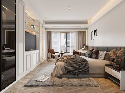 Modern Bedroom Interior With Bed Nightstand TV Window Curtains Desk Chair And Decorative Paintings 3d model