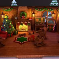 Cartoon Christmas Scene With Cozy Cottage Snowman Sleigh And Pine Trees