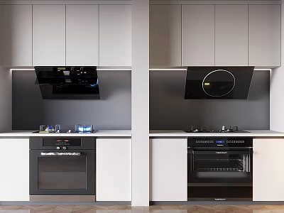 Modern Kitchen Interior With White Gray Cabinets Black Range Hoods Ovens And Stovetops 3d model