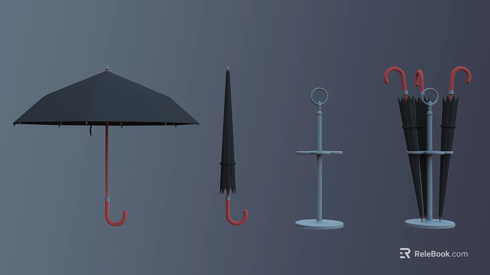Different Styles of Umbrellas Including Open Folded Stand and Hanging Designs 3d model 