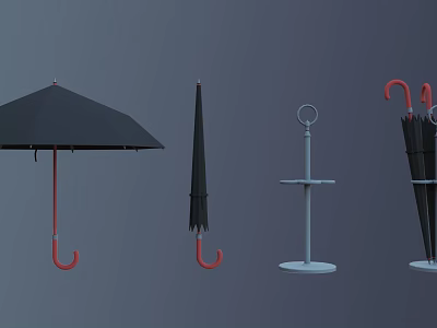 Different Styles of Umbrellas Including Open Folded Stand and Hanging Designs 3d model