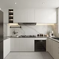 Modern Kitchen Interior With White Cabinets Marble Countertops Black Refrigerator And Natural Light