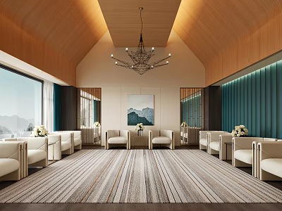 Spacious Elegant Hotel Public Lounge Area With Wooden Ceiling Chandelier And Large Windows 3d model