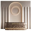 Elegant Contemporary Reception Area With Curved Wall Illuminated Design And Metallic Countertop
