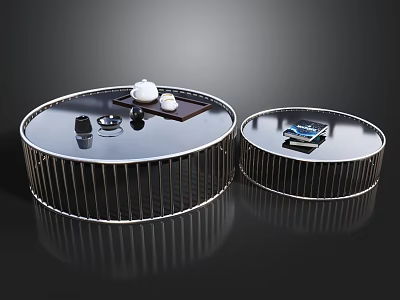 Round Coffee Tables With Metal Frame Glass Top Tea Set Tray And Decorative Items 3d model