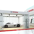 Toyota Exhibition Booth Display With White Structure Glass Walls Lighting And Sports Car