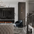 Elegant Modern Living and Dining Room With White Tufted Sofa Round Coffee Table And Sculpture