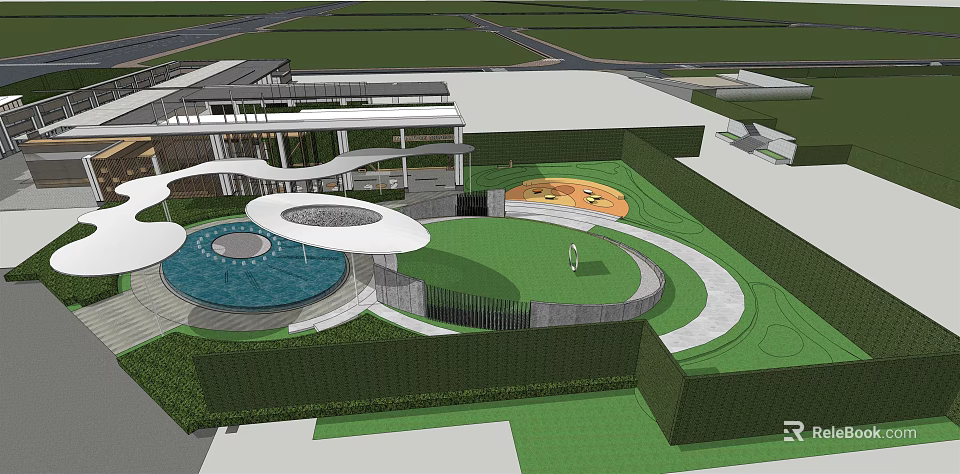 Modern Outdoor Landscape Design With Green Lawn Circular Pool White Shade Structure And Curved Pathway 3d model 