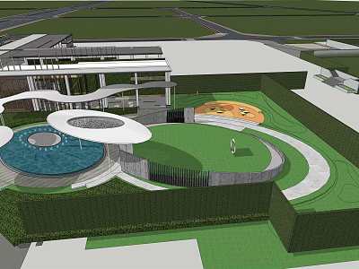 Modern Outdoor Landscape Design With Green Lawn Circular Pool White Shade Structure And Curved Pathway 3d model