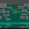 HELLO 2023 Photo Check-in Spot with Multiple Theme Speech Bubbles on Teal Background 3d model