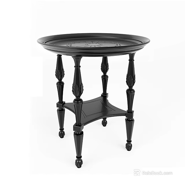 Black Round Top Side Table With Carved Design And Decorative Legs 3d model 