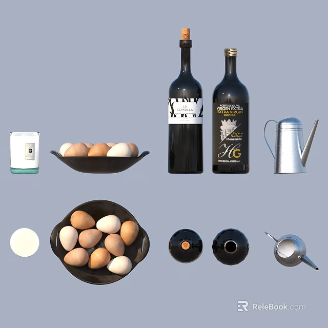 Essential Daily Kitchen Household Items Including Eggs Wine Bottles Kettle Bowls And Pan 3d model 