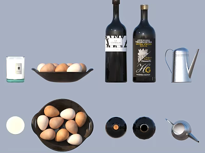 Essential Daily Kitchen Household Items Including Eggs Wine Bottles Kettle Bowls And Pan 3d model