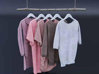 Clothes On Coat Hangers Hanging From Wooden Rod With Pink Brown And Gray Colors 3d model