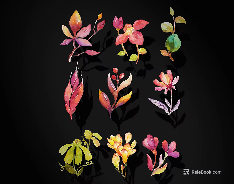 Watercolor Floral Leaves Decorative Botanical Elements With Vibrant Colors For Design Projects 3d model 