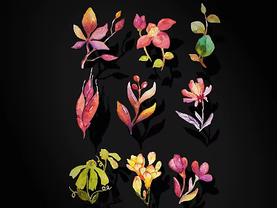 Watercolor Floral Leaves Decorative Botanical Elements With Vibrant Colors For Design Projects 3d model