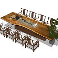 Solid Wood Long Tea Table With Matching Chairs And Tea Set Potted Plant 3d model