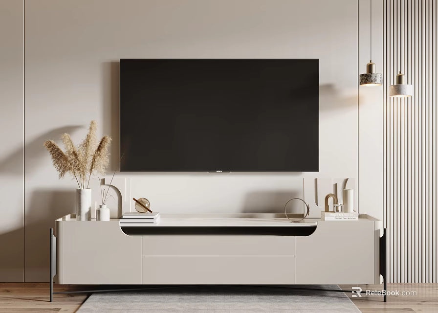 Modern TV Stand with Black Flat Screen TV Pampas Grass and Decorative Items 3d model 