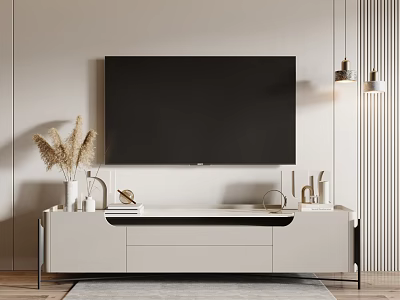 Modern TV Stand with Black Flat Screen TV Pampas Grass and Decorative Items 3d model