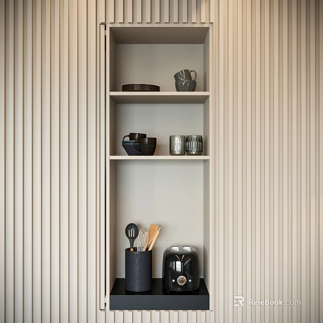 Minimalist Tableware Set Displayed On Beige Wooden Shelf With Bowls Cups And Utensils 3d model 