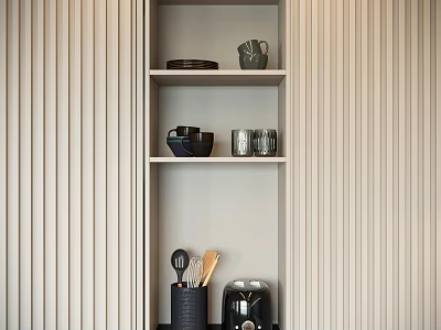 Minimalist Tableware Set Displayed On Beige Wooden Shelf With Bowls Cups And Utensils 3d model