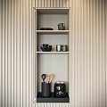 Minimalist Tableware Set Displayed On Beige Wooden Shelf With Bowls Cups And Utensils