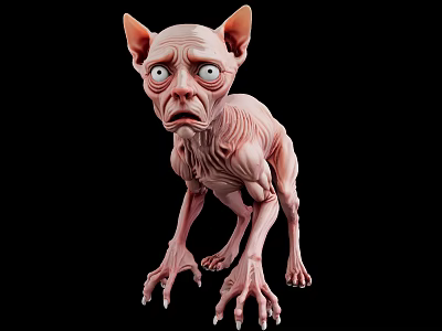 Hairless Alien Like Creature With Wrinkled Skin Large Eyes And Pointed Ears On Black Background 3d model