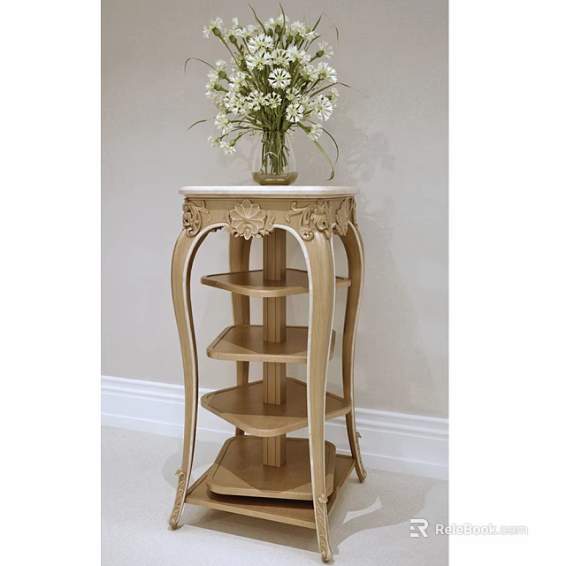 Elegant Light Wooden Flower Stand With Carved Details Multiple Shelves And Vase Holding White Flowers 3d model 