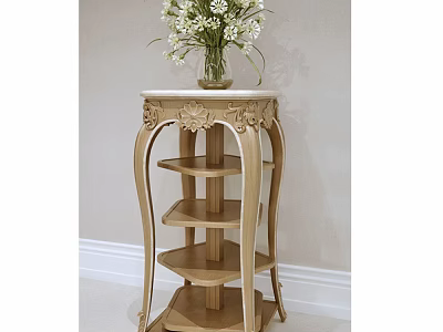 Elegant Light Wooden Flower Stand With Carved Details Multiple Shelves And Vase Holding White Flowers 3d model