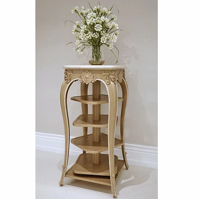 Elegant Light Wooden Flower Stand With Carved Details Multiple Shelves And Vase Holding White Flowers 3d model