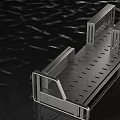 Perforated Metallic Bracket Structure with Multiple Shelves on Black Water Surface