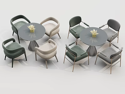 Modern Round Table and Chair Set with Green Beige Chairs Metal Frame and Centerpiece 3d model
